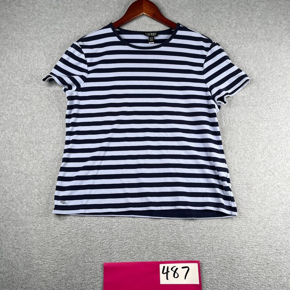 Lauren Ralph Lauren Black Label T Shirt XL Navy Blue Striped Womens *SEE